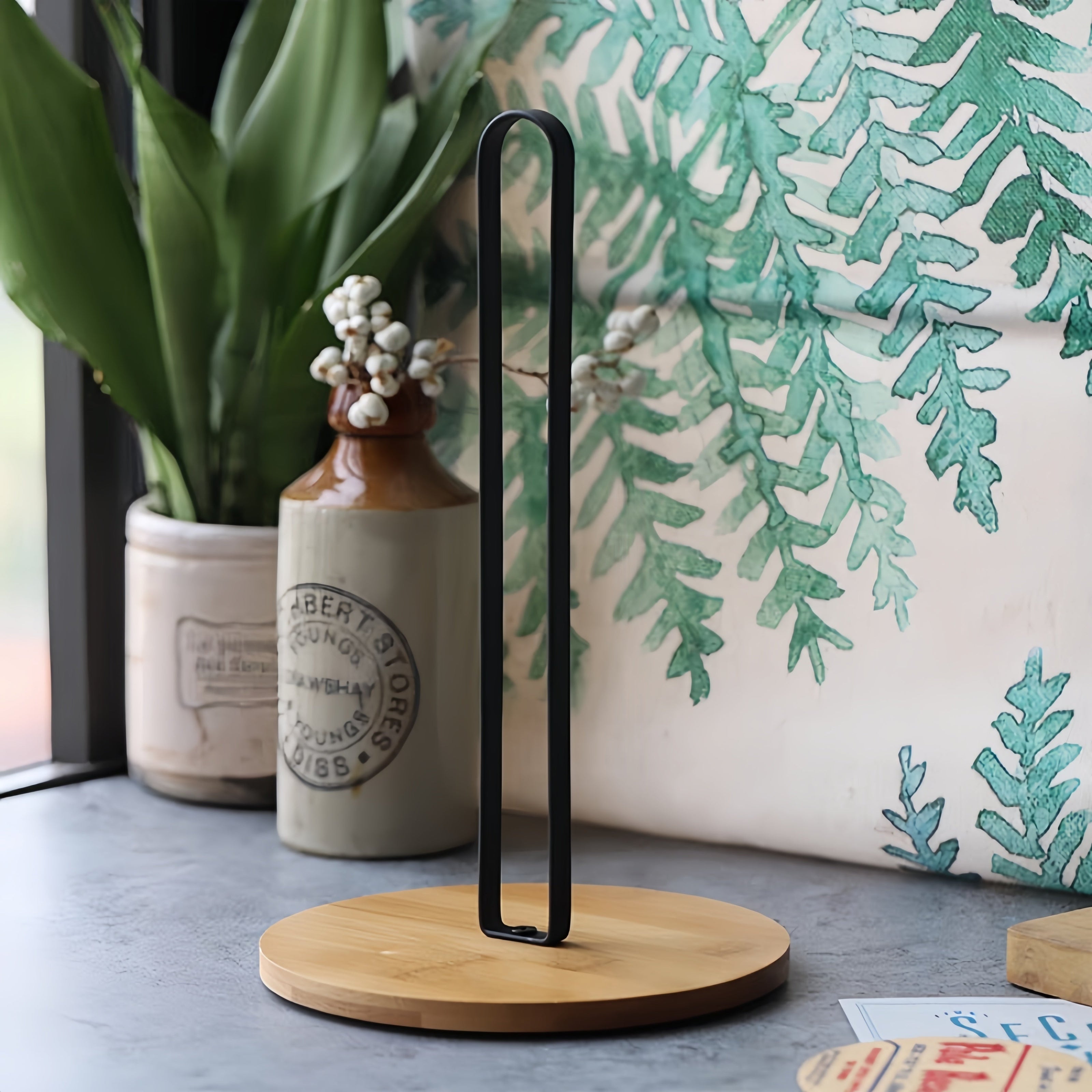 Black Bamboo and Metal Kitchen Paper Towel Holder Vertical Countertop Storage Rack