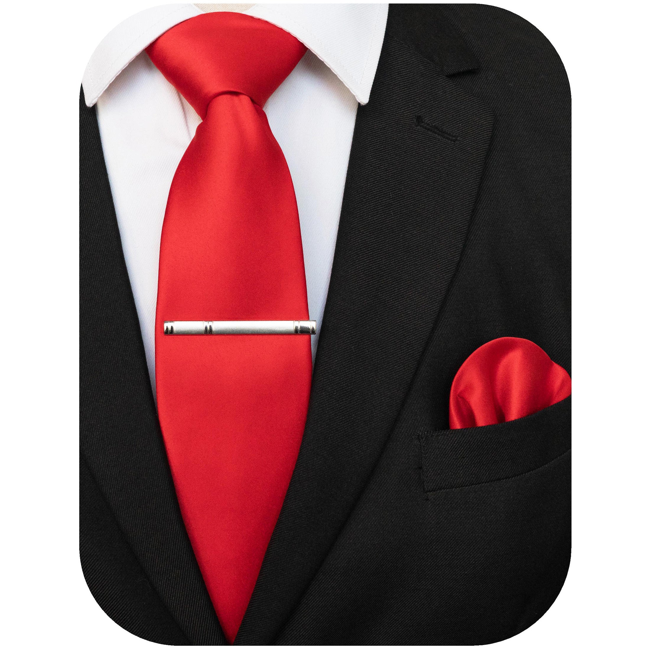 Men's Solid Color Tie and Pocket Square Set with Tie Clip for Business and Wedding