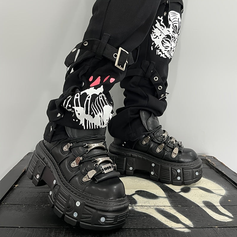Women's Gothic Black High-Top Sneakers with Platform Heel Non-Slip Rubber Sole