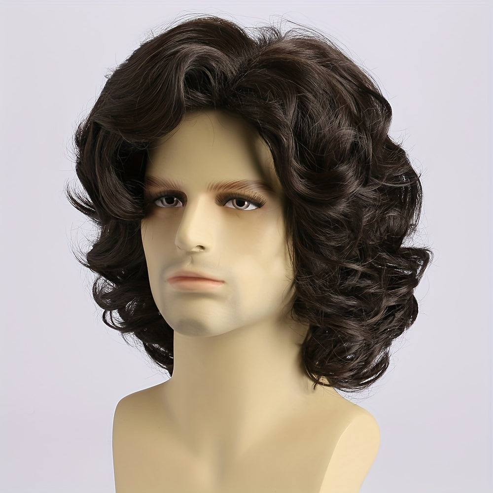 Men's Short Curly Deep Brown Wig 35.56cm Heat Resistant Synthetic for Daily Wear and Parties