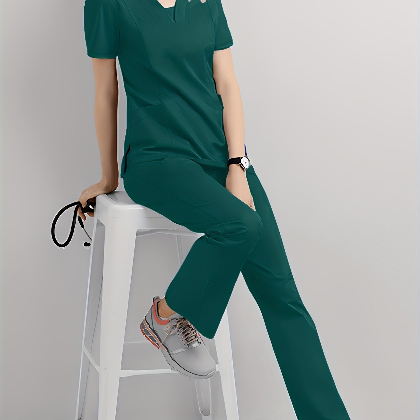 Women's Scrub Set V-Neck Top and Drawstring Pants Breathable Polyester Spandex Medical Uniform