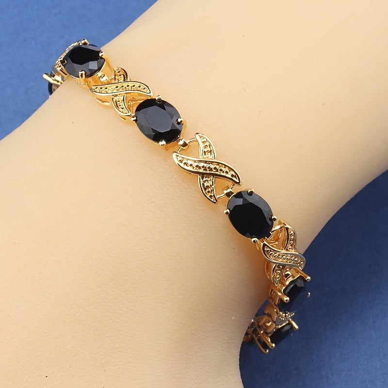 Klassik tennis bilaguzuk, 18K oltin qoplamada rang-barang sintetik kubik zirkonlar bilan, nafis mis zanjir bilan. Ushbu ayollar uchun moda zargarlik buyumi, mukammal 14-fevral yoki bayram sovg'asi bo'ladi. Uslub: Oddiy va abadiy.