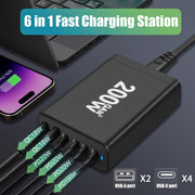 Cargador USB GaN de 200W, adaptador de pared de carga rápida de 6 puertos, negro
