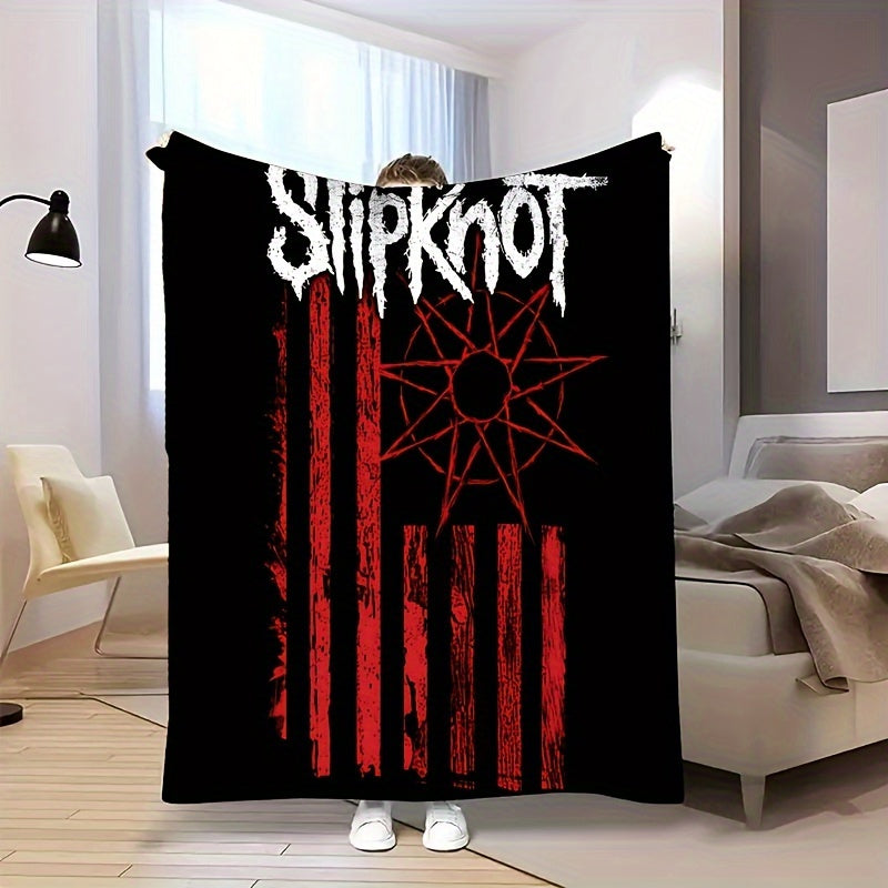 One Piece Slipknot Band Throw Blanket with Red Stripe Lettering Woven Polyester Stain Tear Resistant All-Season