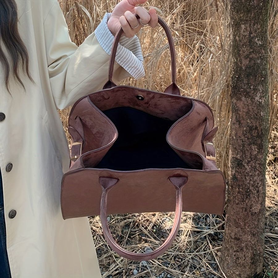 Women's Faux Leather Tote Bag with Fixed Shoulder Straps Buckle Closure and Polyester Lining