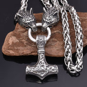 Gold Wolf Head Thor's Hammer Pendant Necklace Men Viking Jewelry