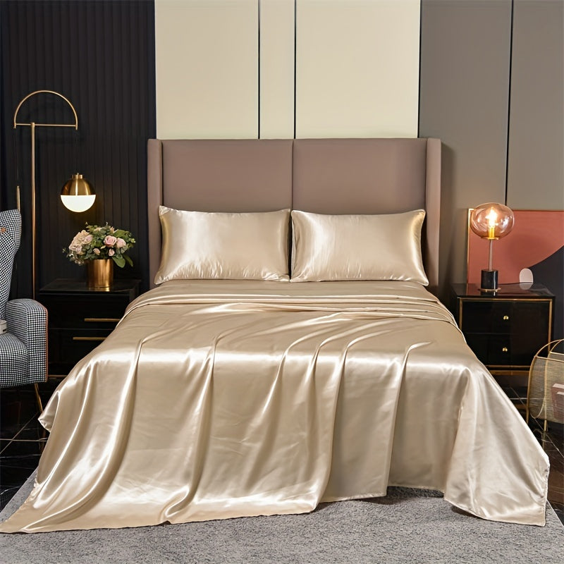 Fitted Sheet Set 4 Pieces Satin Solid Color Bedding Soft Breathable for Bedroom Guest Room Hotel