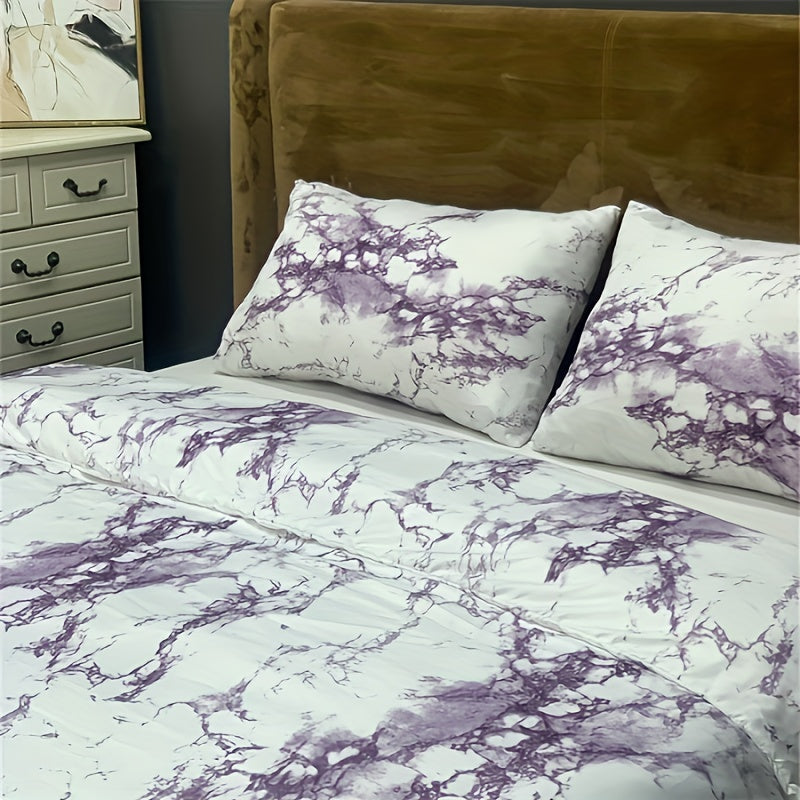 Three-Piece Polyester Quilt Cover Set with Marble Pattern for Bedroom