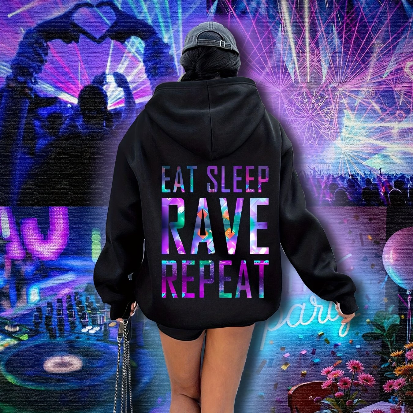 Sudadera con capucha gráfica de talla grande para mujer, festival de música rave, luces, casual, de sobreponer