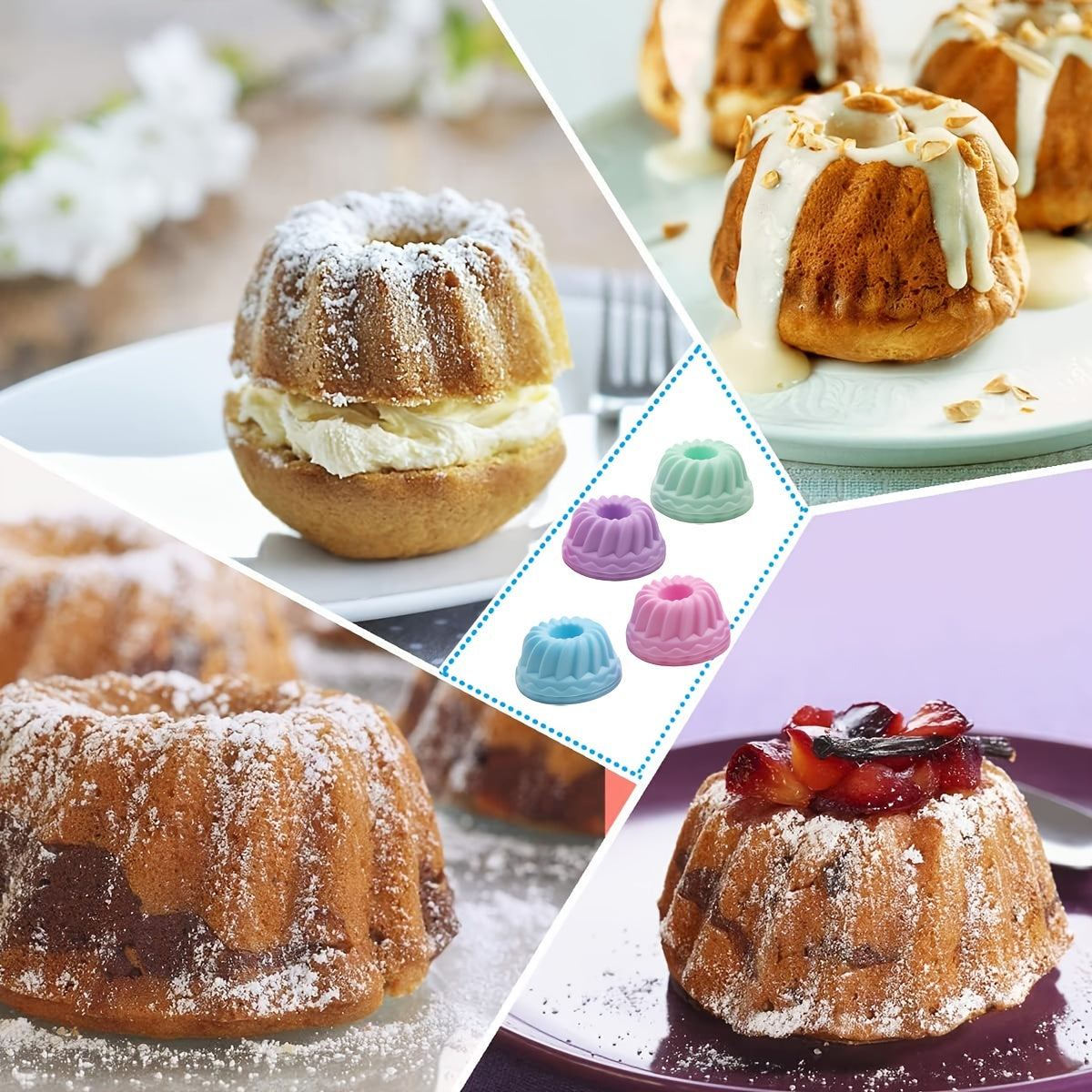 Silicone Muffin Cups Set 12 Fluted Tube Cake Liners Reusable Mini Bundt Molds