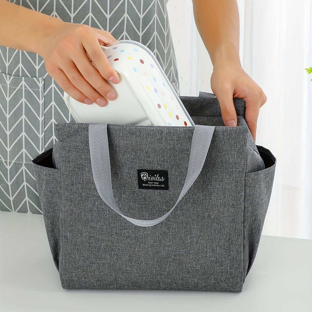 Insulated Oxford Fabric Lunch Bag with Side Pockets for Food and Utensils