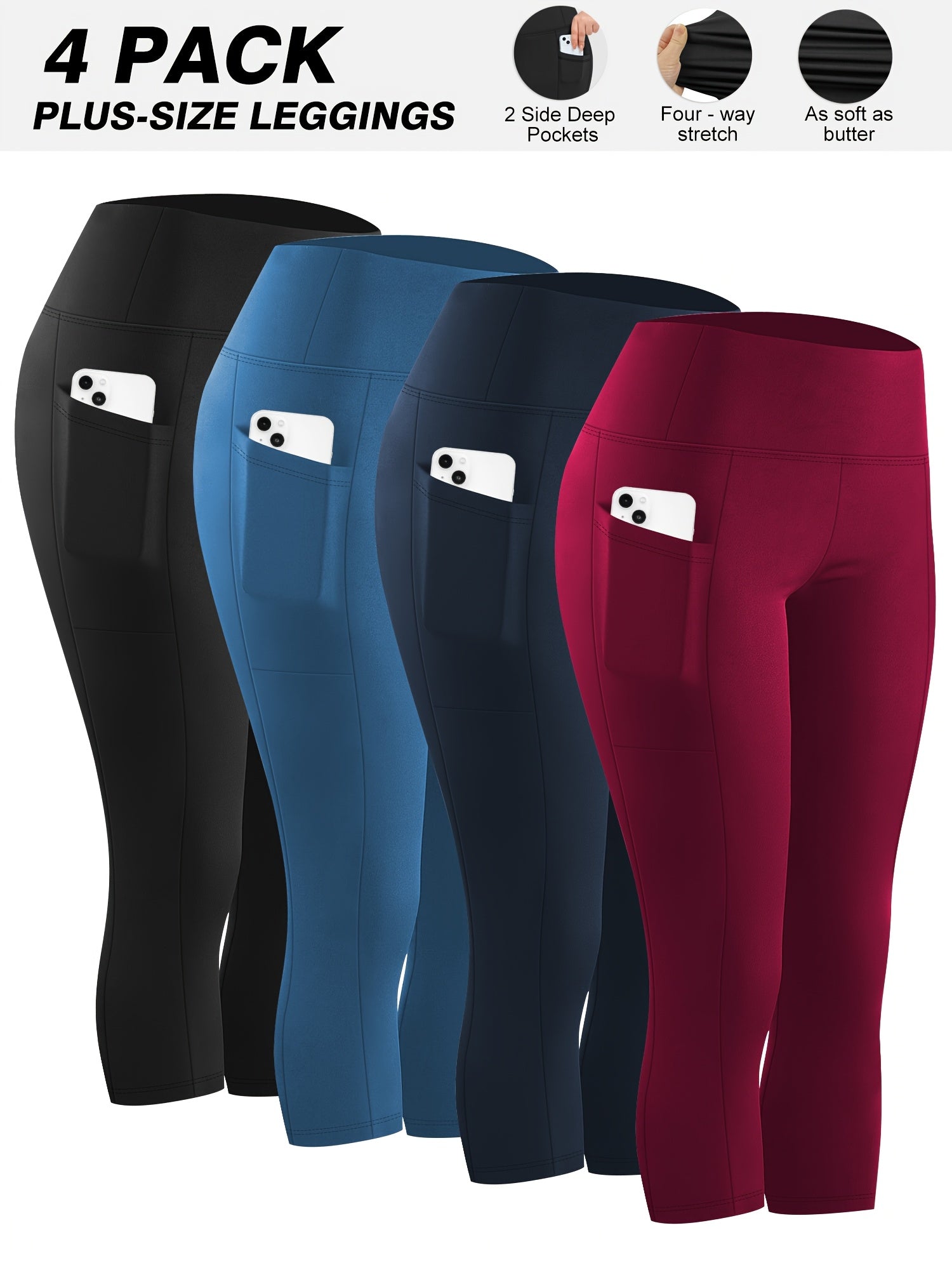 Plus Size High Elasticity Waist Lift Fitness Leggings 4-Pack for Running