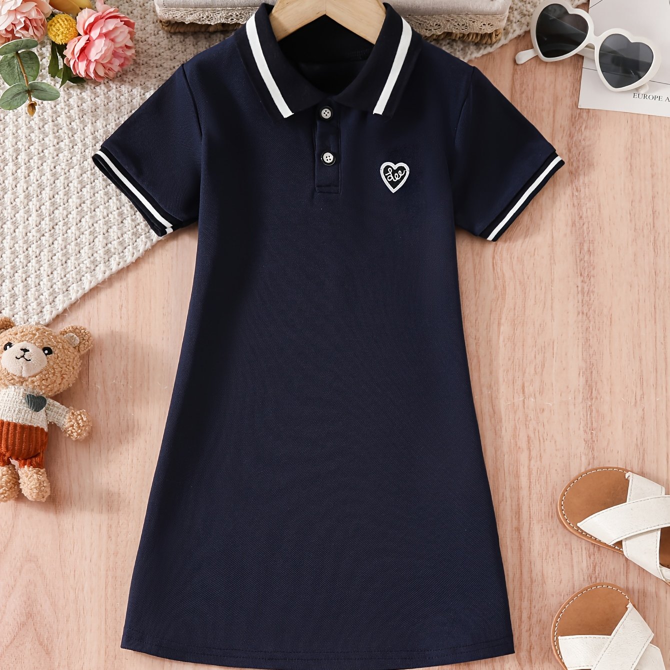 Vestido para niñas con cuello de volante en contraste con oso, manga corta, tela de punto, casual, para volver a clases
