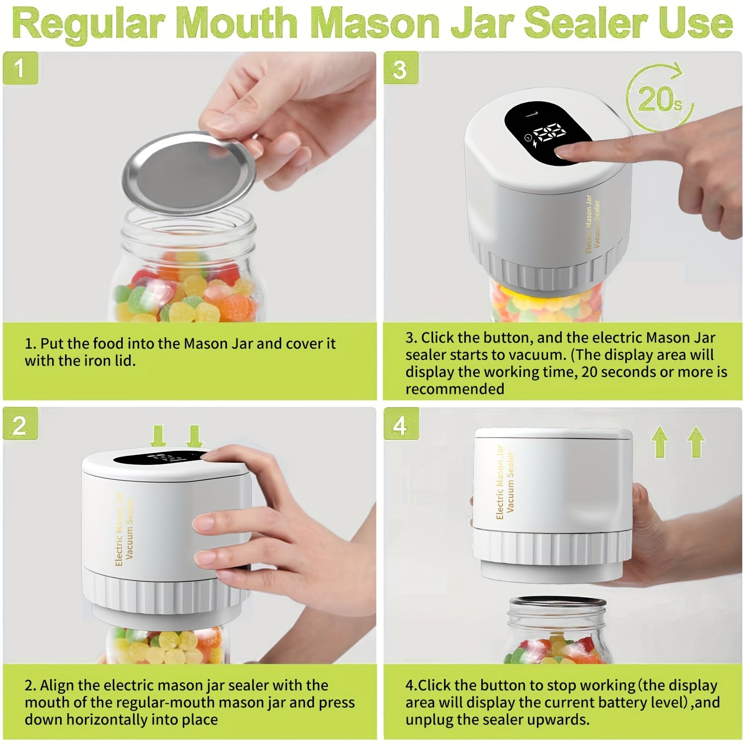 Sellador al vacío para frascos Mason Jar con batería recargable USB para frascos de boca ancha y regular