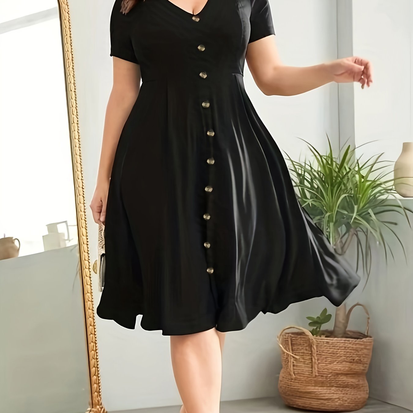 Women's Polyester V-Neck Raglan Sleeve Dress with Fake Buttons and Flared Hem for Spring Summer Casual