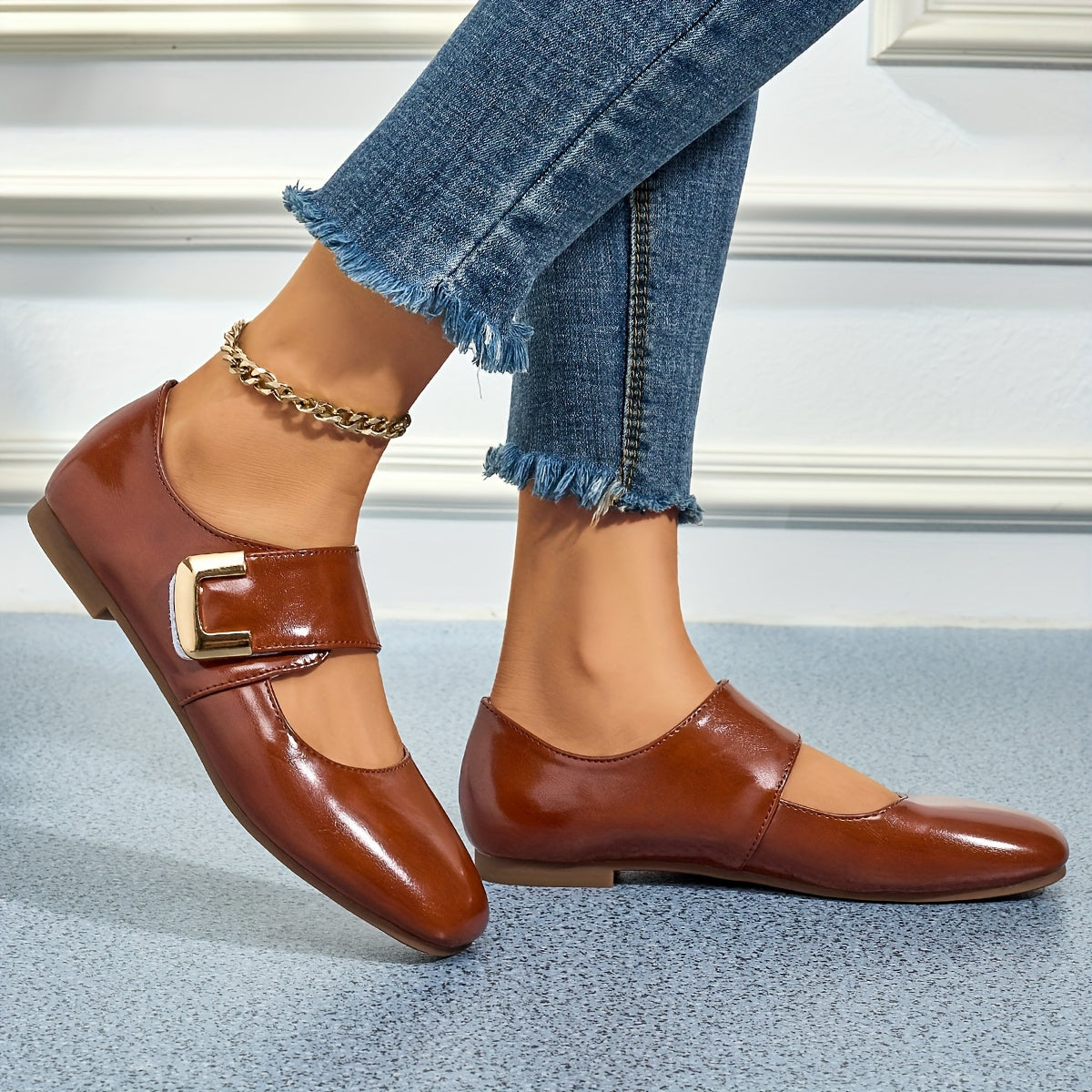 Women's Mary Jane Flats Faux Leather Square Toe College Style All-Season Non-Slip