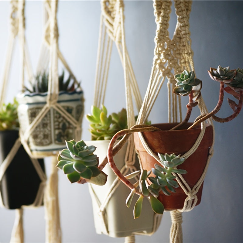 Set of 5 Macrame Plant Hangers Indoor Boho Style with Support Rack and Hanging Pots