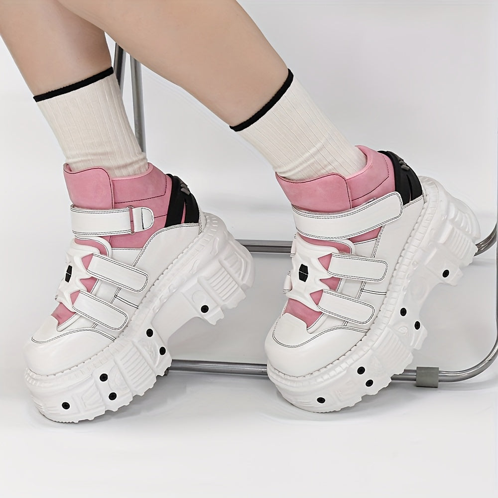 Unisex Retro Punk Platform Lace-Up Shoes Metallic Accents Mesh Casual Footwear