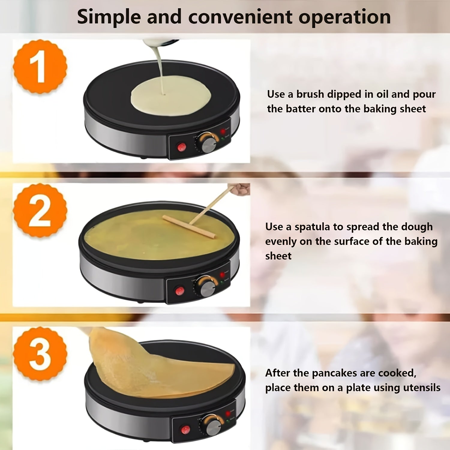 Yog‘ochsiz qovurilgan pan bilan elektr pancake tayyorlagich - turli xil nonushta taomlari uchun ideal. Sozlanadigan harorat nazorati, xamir tarqatuvchi va mustahkam konstruktsiya.