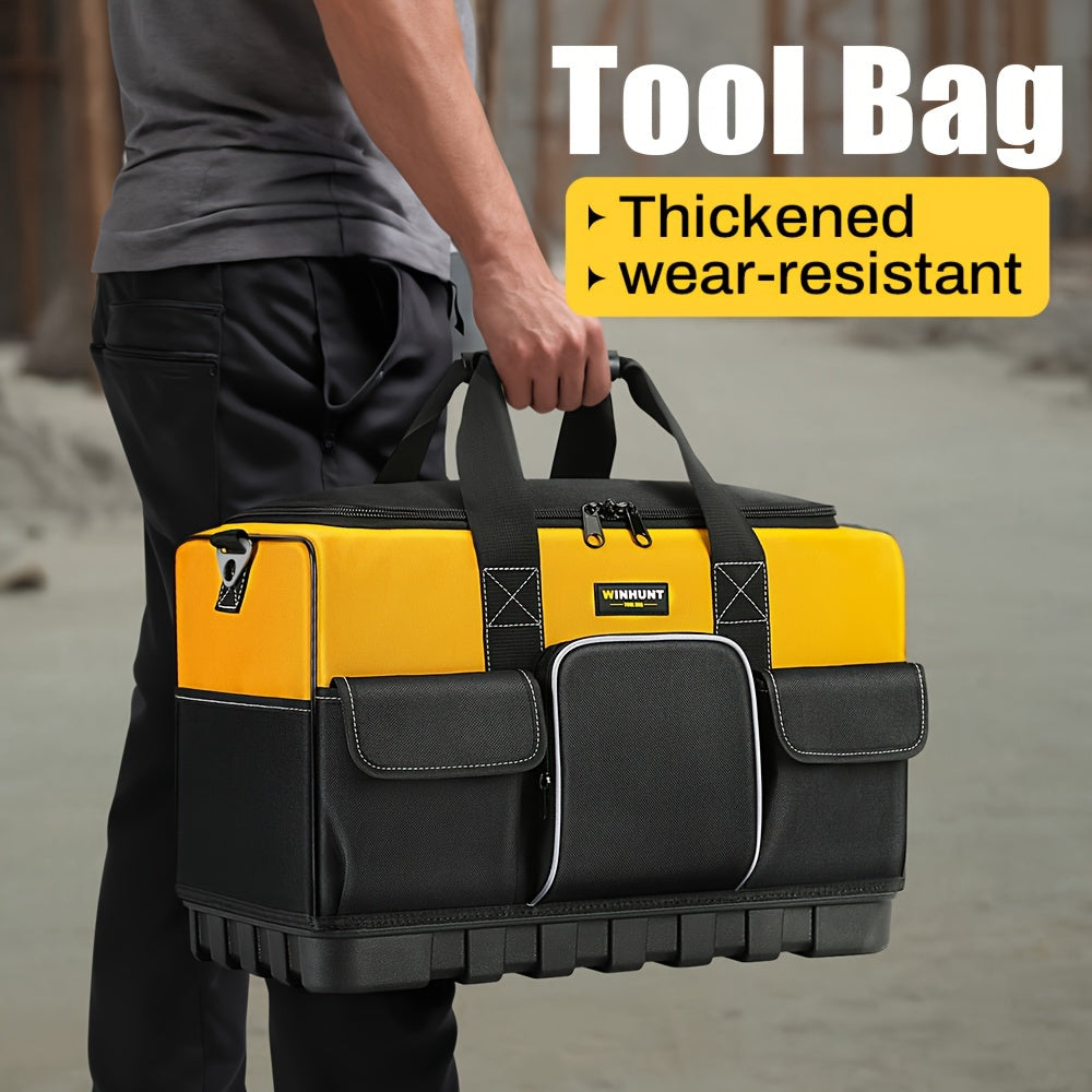 Large Waterproof Heavy Duty Tool Bag with Molded Base Polyester Black Yellow Adjustable Shoulder Strap