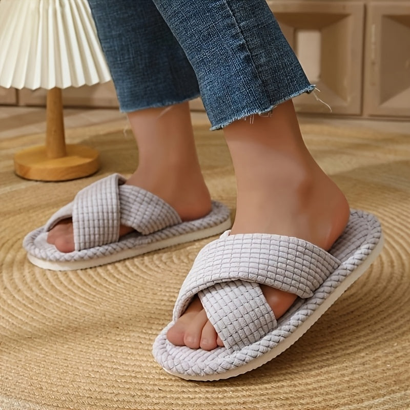 Ayollar uchun pushti vafli toʻqilgan slip-on shlyapki, xoch strap bilan, yotoqxona va hammom uchun