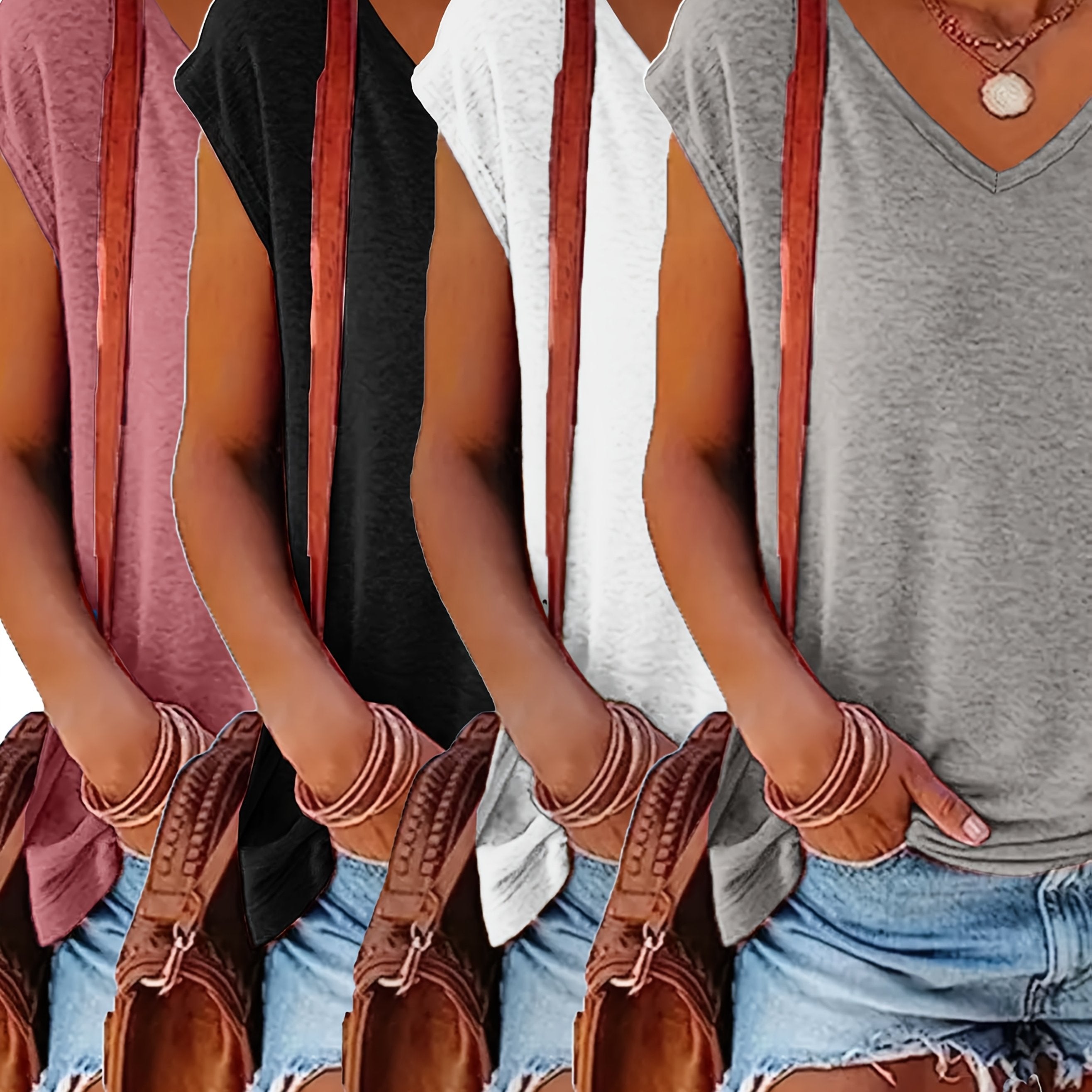 Комплектация из 4 футболок с коротким рукавом и V-образным вырезом для полных женщин, летние повседневные топы