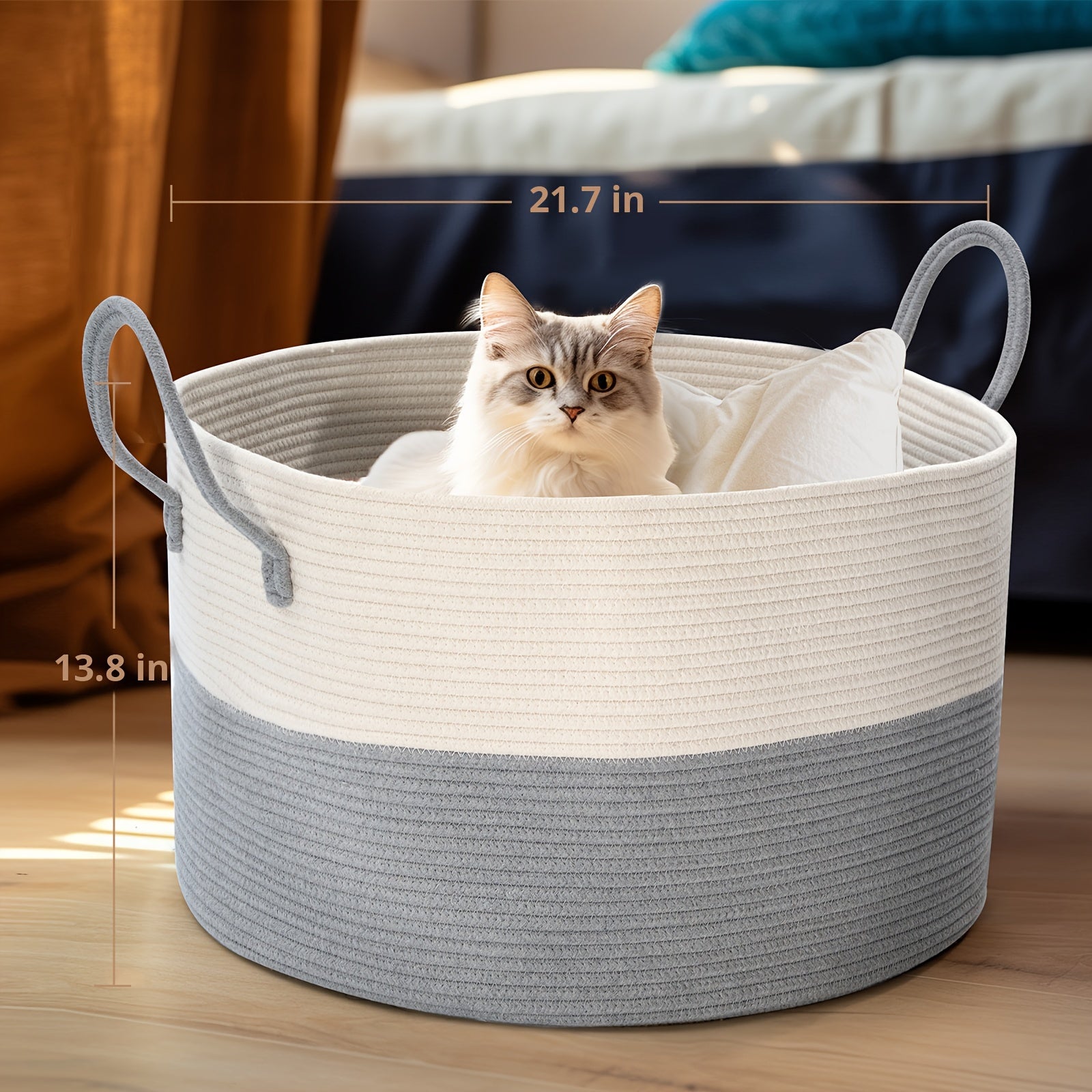 Large Rope Woven Storage Basket for Kids Toys Blankets Laundry Gray White 55cm