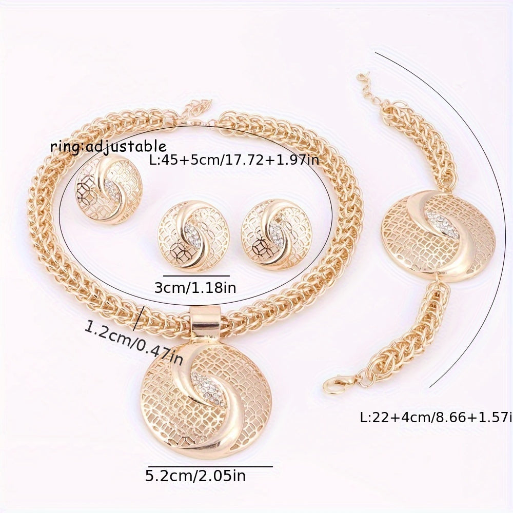 Golden Rhinestone Jewelry Set with Necklace Earrings Bracelet Ring for Weddings and Events