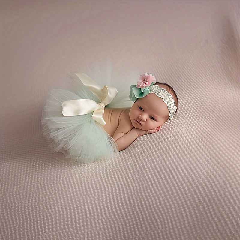 Baby Girl Photography Props Green Tutu Skirt and Headband Set for Newborns
