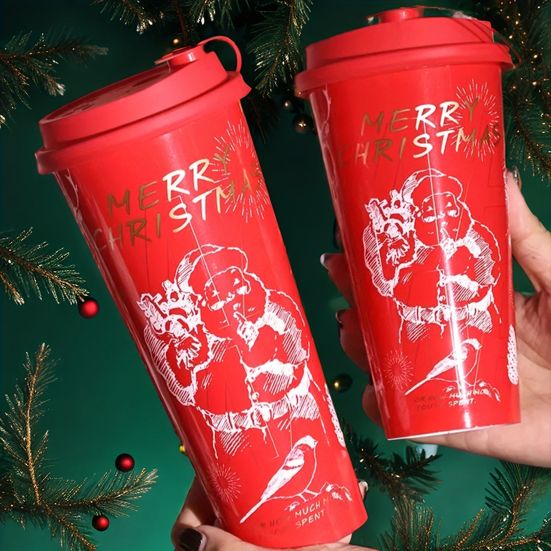 Set of 25 Christmas Themed Reusable Cups with Lids for Hot Cold Drinks