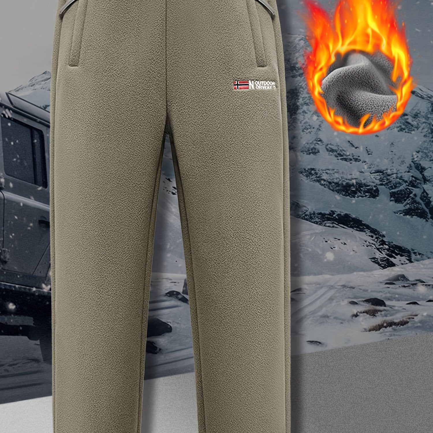 Tashqi sport va tasodifiy piyoda yurish uchun mo'ljallangan erkaklar uchun to'la fleytsli uzun shimlar, elastik bilaklar, shamol o'tkazmaydigan tortma bel, zipli cho'ntaklar, tikilgan fleyts va sozlanadigan shim oyoqlari bilan.