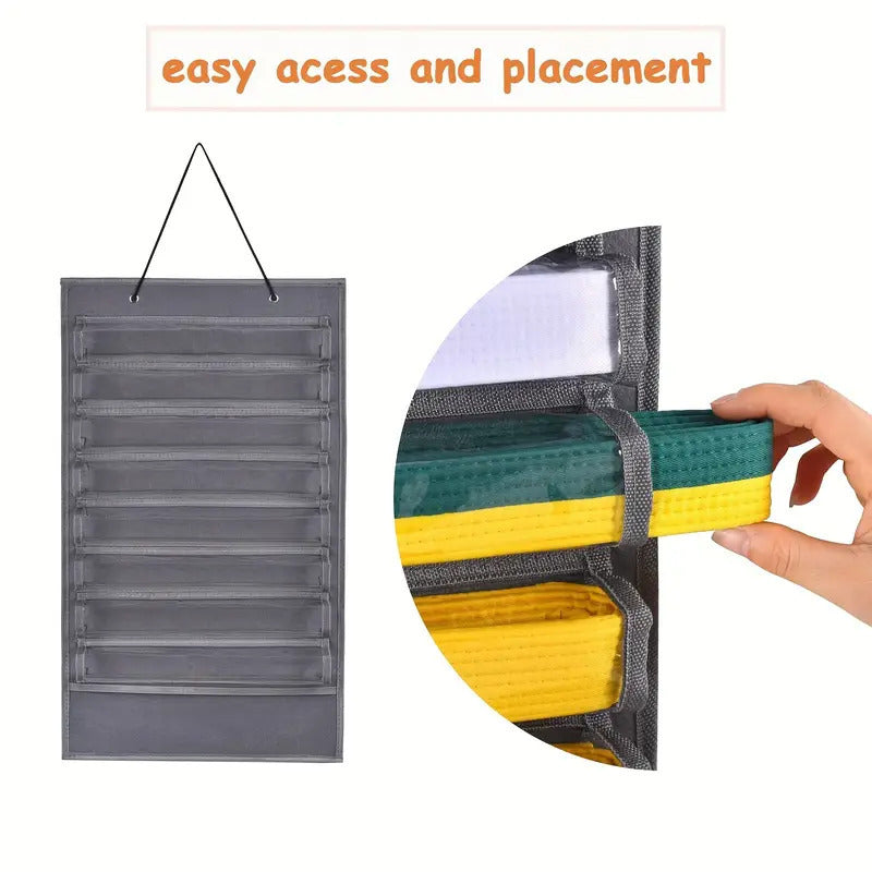 Display Rack for Martial Arts Belts and Medals Wall Storage with 9 Clear Pockets