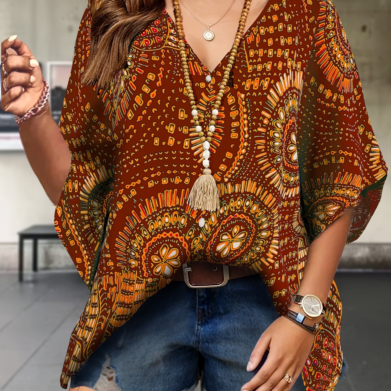 Women's Plus Size V-Neck Batwing Sleeve Blouse Loose Fit Spring Summer Casual