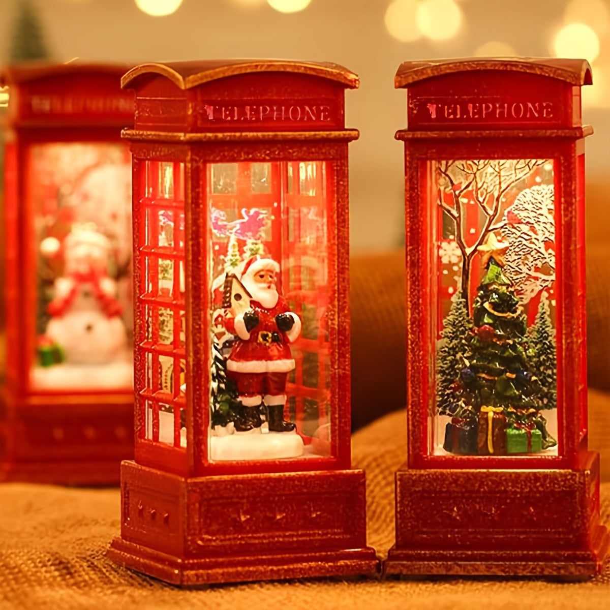 Festive Christmas Phone Booth Decoration with Santa Snowman Tree Scenes Battery-Operated Illuminated Red Cabinet