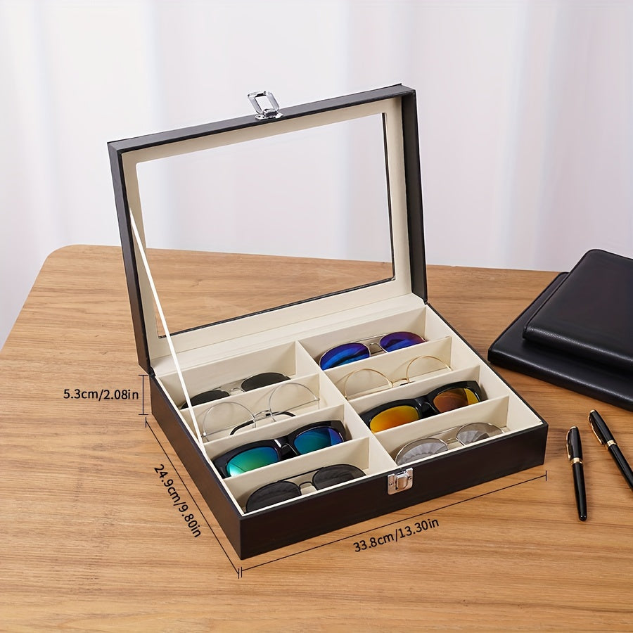 Eyewear Organizer Hard PU Leather Sunglass Storage Case with 8 Slots and Glass Lid