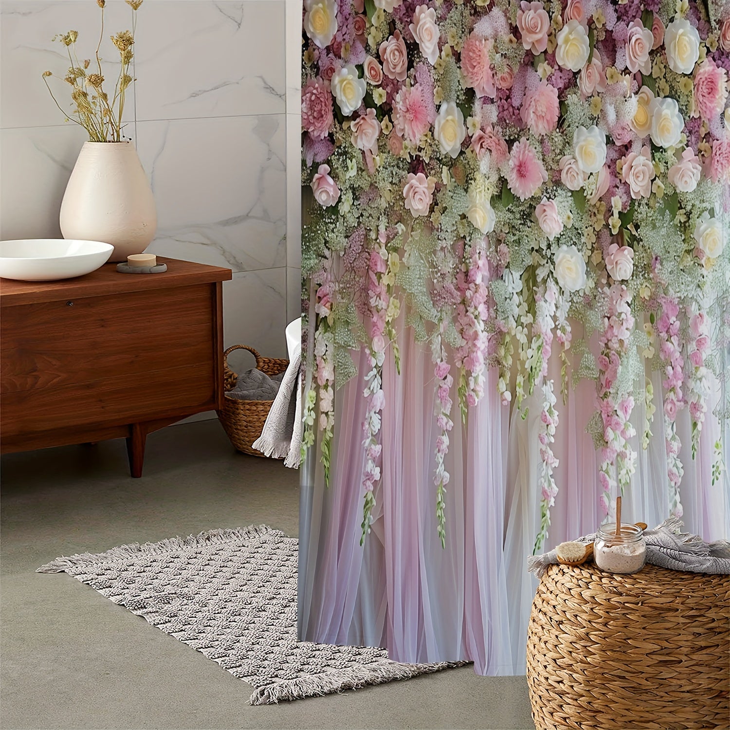 Waterproof Shower Curtain with Vintage Floral Print Water-Resistant Polyester 12 Hooks Included