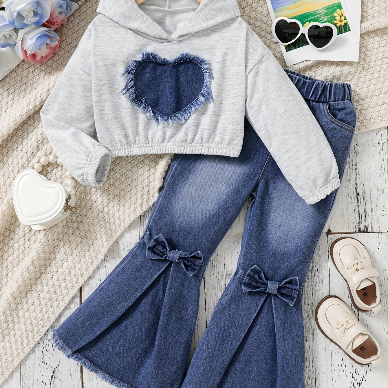 Girls' 2-Piece Denim Flare Jeans and Hoodie Set for Girls 12 and Under