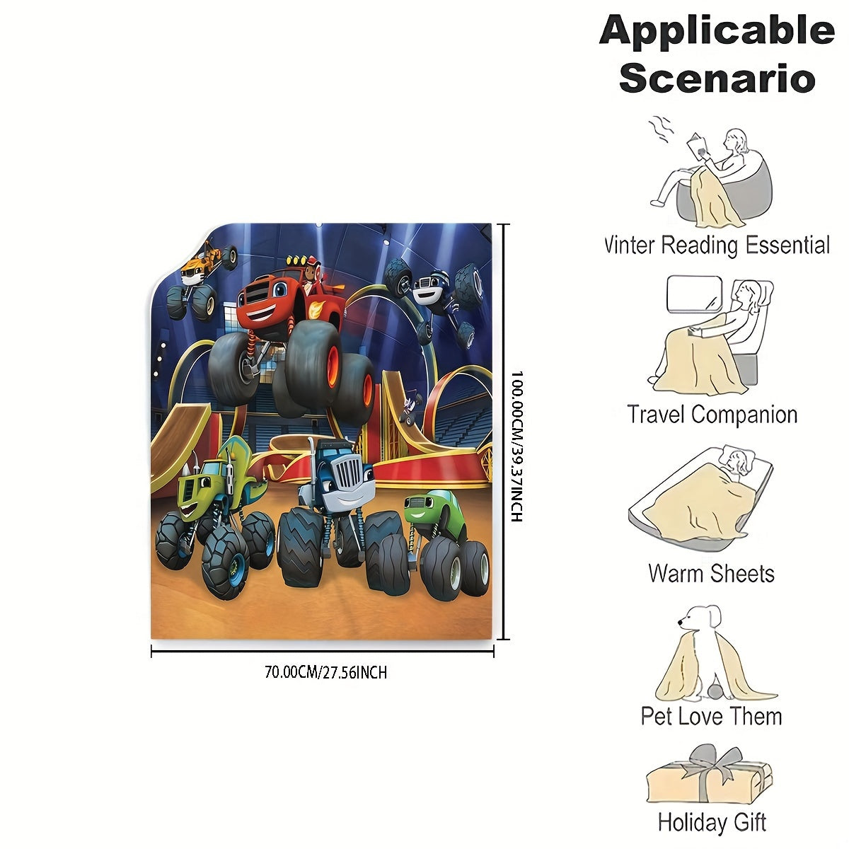 Monster Truck Flannel Fleece Throw Blanket Cartoon Design Hypoallergenic Easy to Clean Versatile Bedding