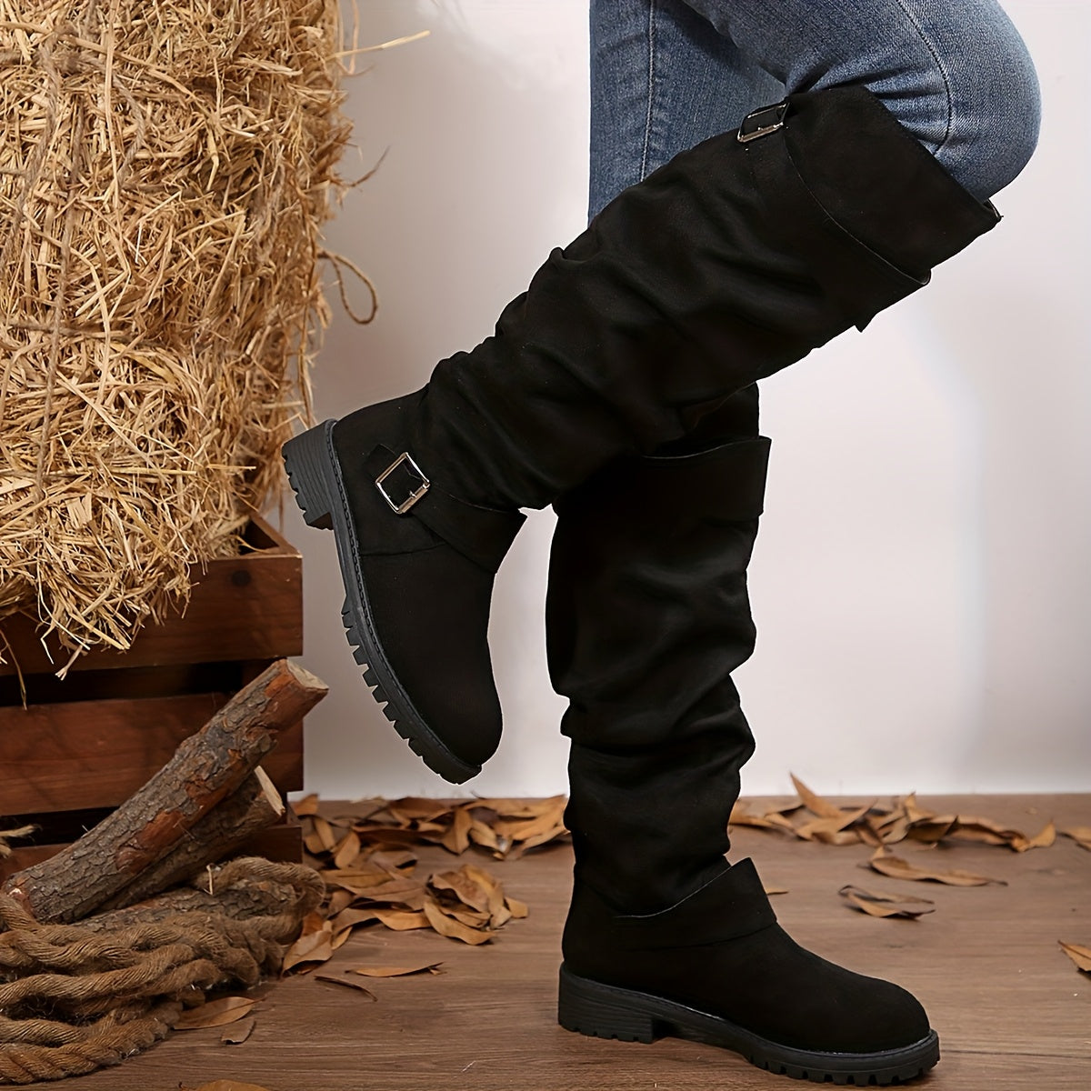 Women's Knee-High Slouch Boots Fabric Round Toe Block Heel All-Season