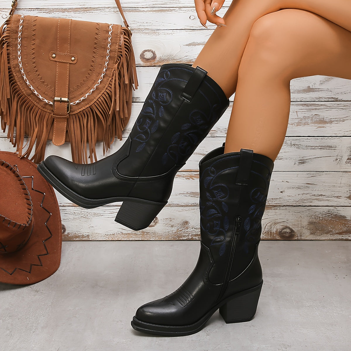 Women's Mid Calf Boots Embroidered Leather Pointed Toe Chunky Heel