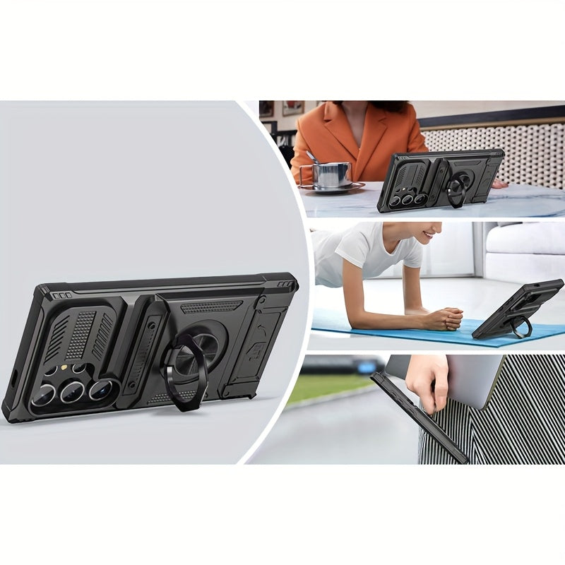 Durable Shockproof Phone Case with Metal Stand and Card Slot for Multiple Models