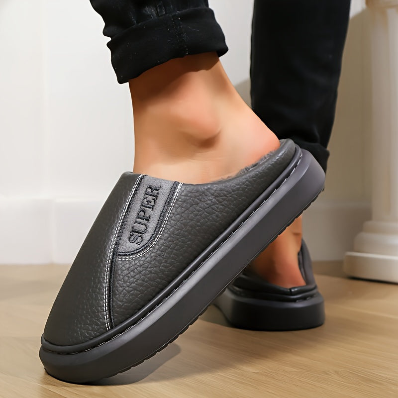 Men's Extra Large Winter Indoor Slippers with Fleece Lining Non-Slip TPR Sole Striped Pattern