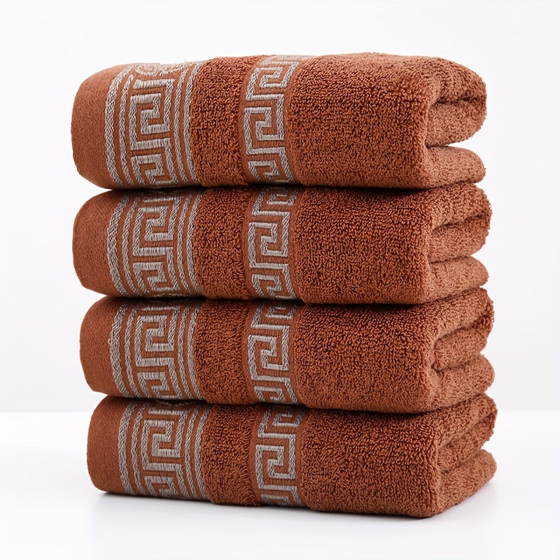 Set of 4 Cotton Hand Towels in White Coffee Blue Black Geometric Pattern Absorbent