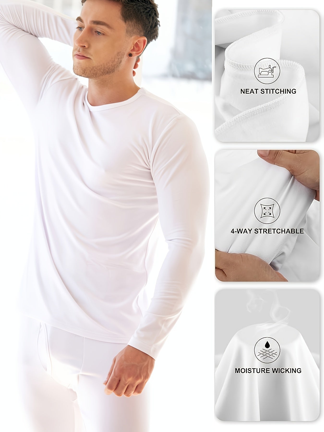 Men's Winter Thermal Underwear Set Long Sleeve Top and Pants Solid Color Polyester Spandex