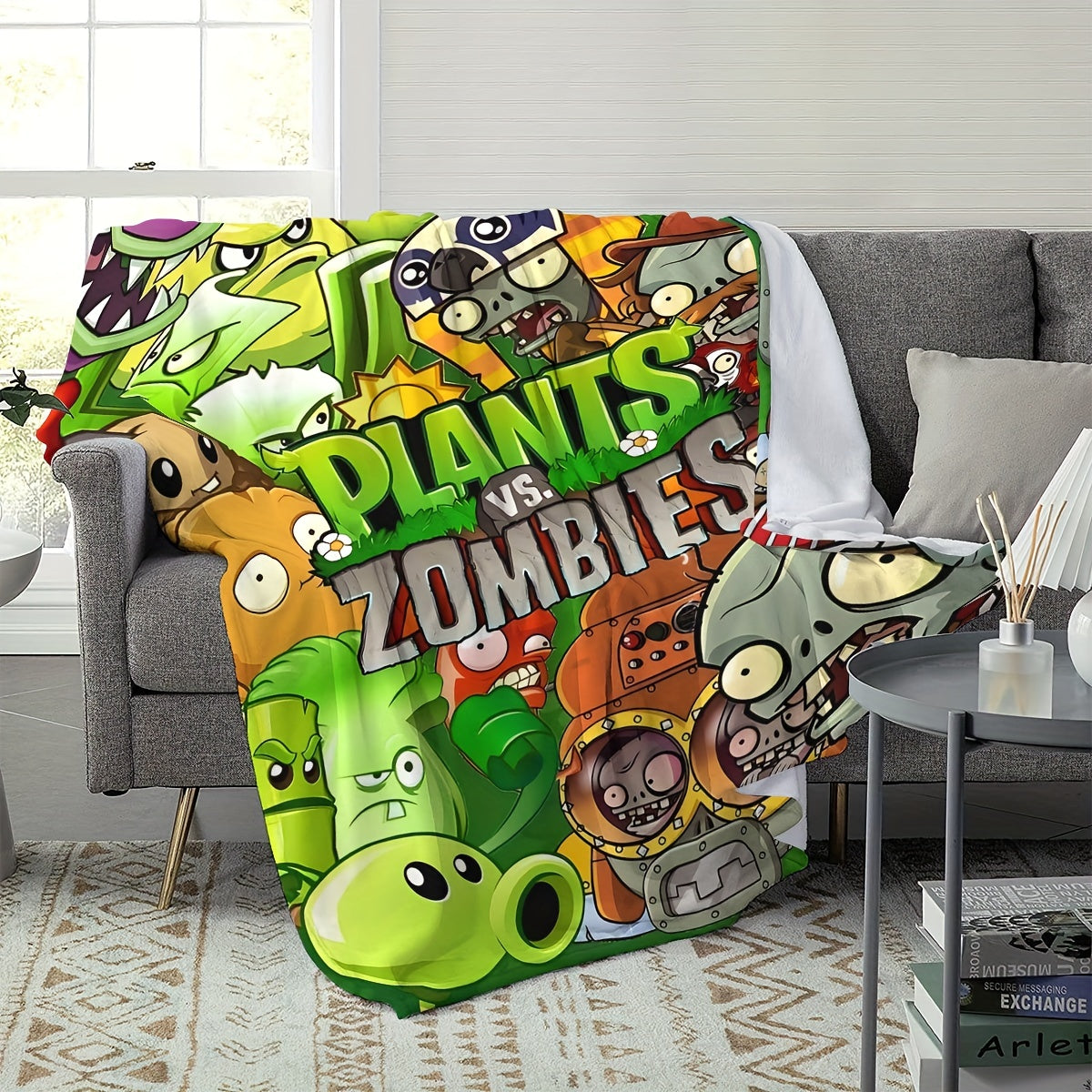 Fleece Blanket with Plants vs Zombies Print Knitted Soft Throw for All Seasons