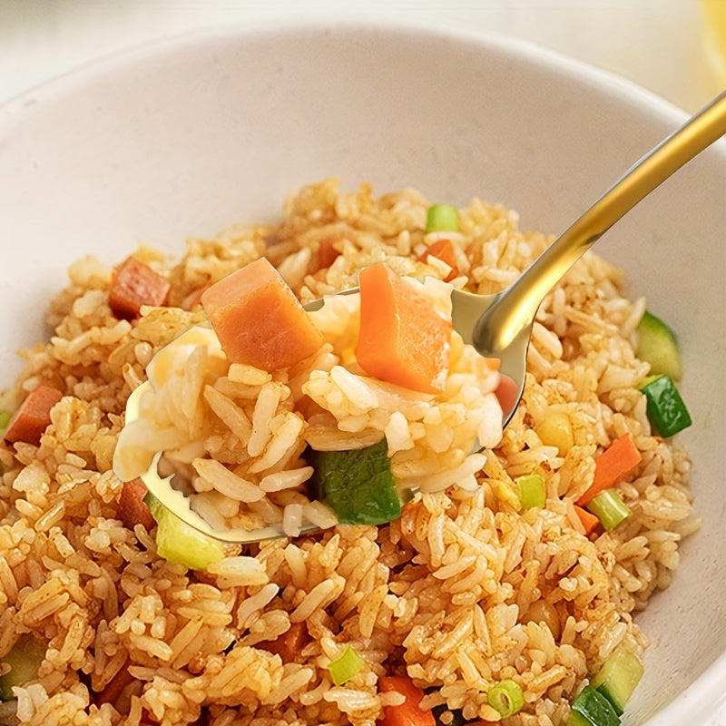 Juego de 6 utensilios de cocina de acero inoxidable en dorado, negro y plateado incluye espátula, cuchara para arroz, colador y cuchara para sopa