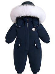 Baby Winter Jacket Hooded Fur Trim Pockets Fleece-Lined Unisex Navy Blue