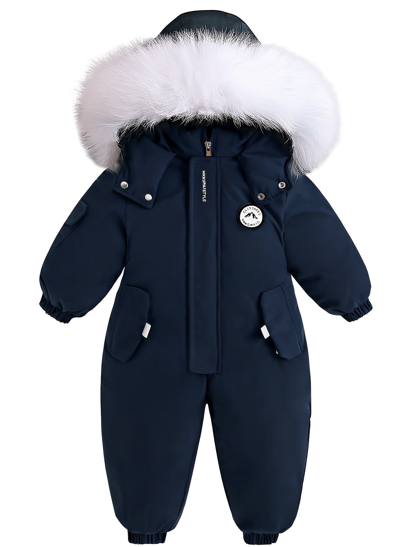 Baby Winter Jacket Hooded Fur Trim Pockets Fleece-Lined Unisex Navy Blue