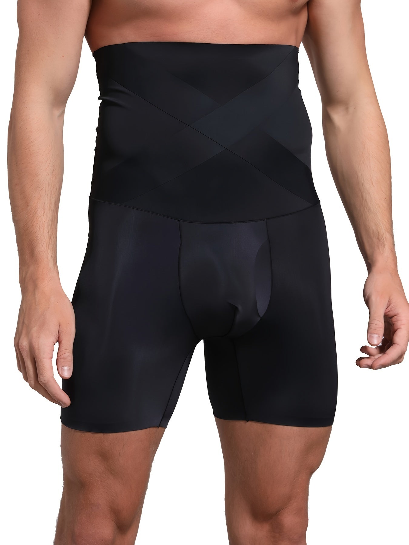 Erkaklar uchun yuqori belni siqadigan shapewear shortlari, naylon va elastandan tayyorlangan. Mashinada yuvish mumkin, bir rangda va sport uslubida.