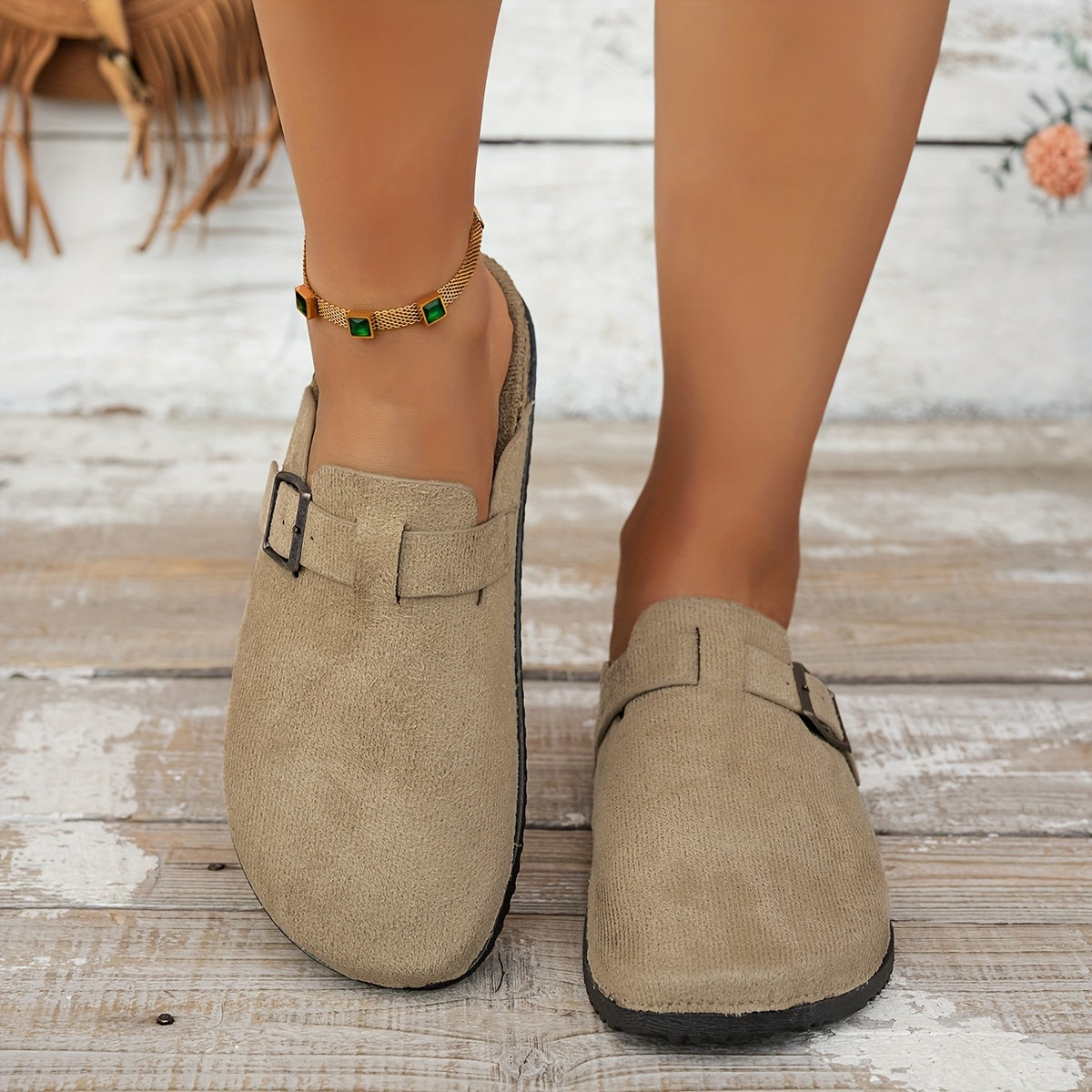 Women's Beige Fabric Slip-On Loafers with Adjustable Buckle